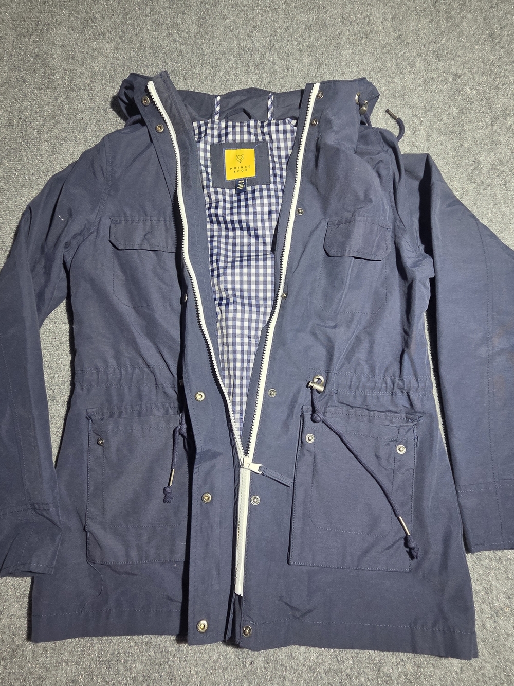 Prince & Fox Women's Blue Anorak Jacket Hooded Gingham Lined Coat Size Medium